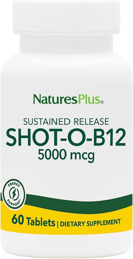 Natures Plus Shot-O-B12 (Methylcobalamin), Sustained Release - 5000 mcg, 60 Tabletas Vegetarianas - High Potency, Fast Acting B12 Supplement - Memory & Energy Booster - Gluten-Free - 60 Servings