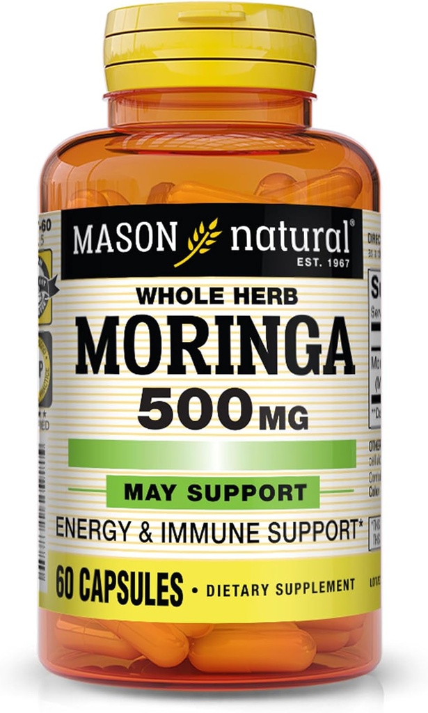 MASON NATURAL Moringa 500 mg - Supports Energy Metabolism and Inflammatory Response, Antioxidant Immune Support Herbal Suplemento, 60 cápsulas