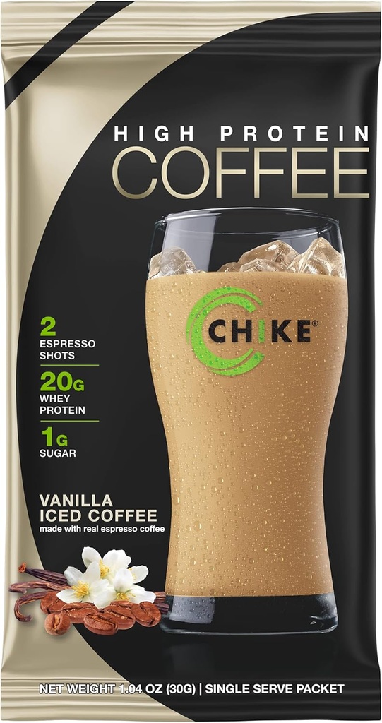 CHIKE Vainilla Alta Proteína Café, 20 G Proteína, 2 Zapatos Espresso, 1 G Azúcar, Keto Friendly y Gluten Gratis, 12 Single Serve Packets