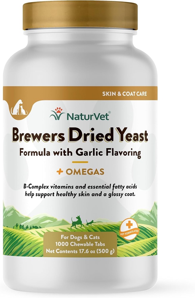 NaturVet – Levadura seca de Brewer Fórmula con sabor a a ajo – Plus Omegas tóxico Rich en Omega-3, 6 &amp; 9 ácidos grasos TENER Fortificado con B1, B2, Niacin &amp; Vitamina C ANTERI para perros &amp; gatos TENIDO 1000 Tabletas Chewable