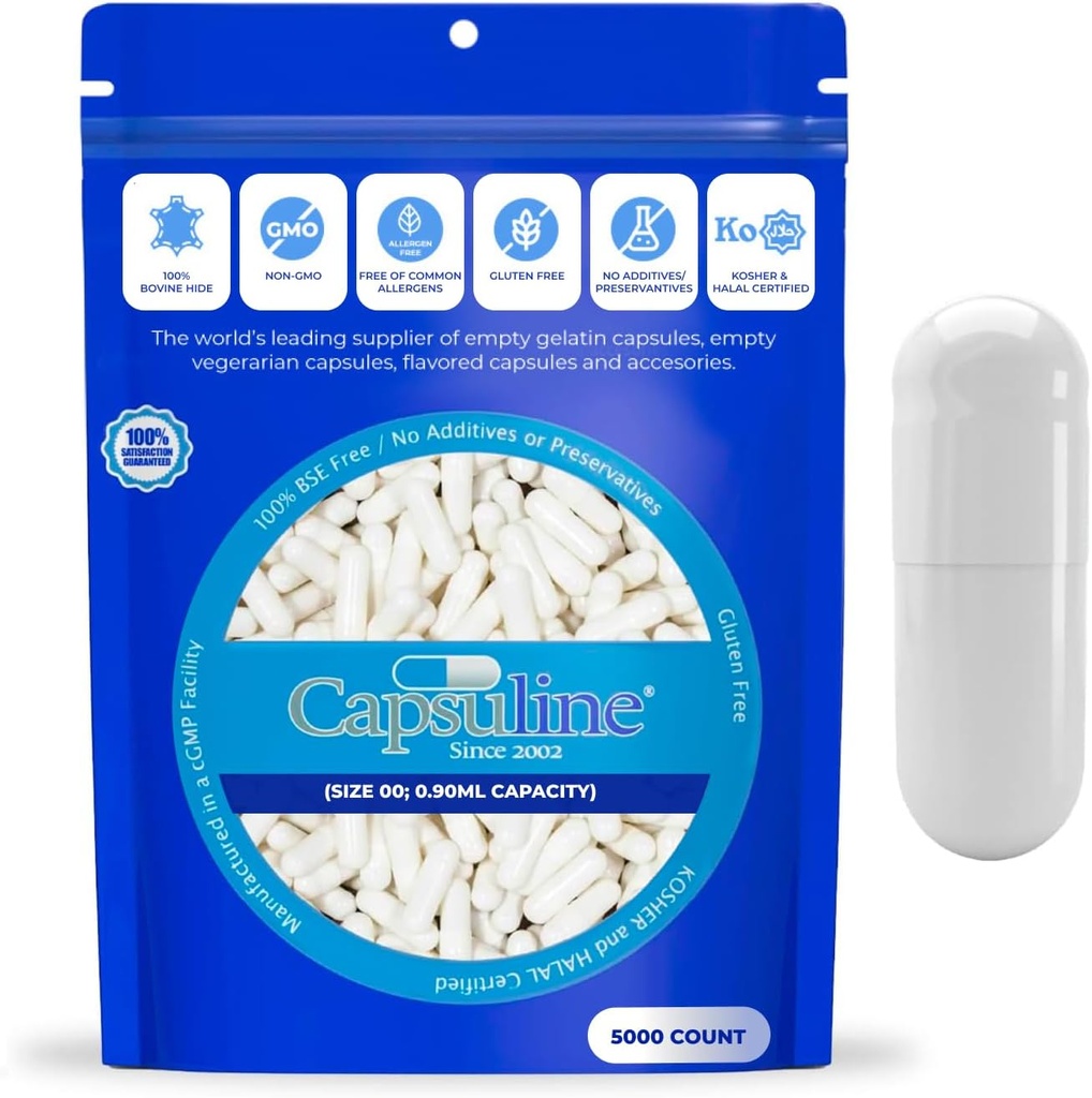 Capsuline Size 000 - Colored White Empty Gelatin Capsules - 5000 Cuenta - Empty Gel Pill Capsules - DIY Pure Bovine Pill Capsule Filling - Empty Caps - Kosher y Halal Certified - Non-GMO Certified