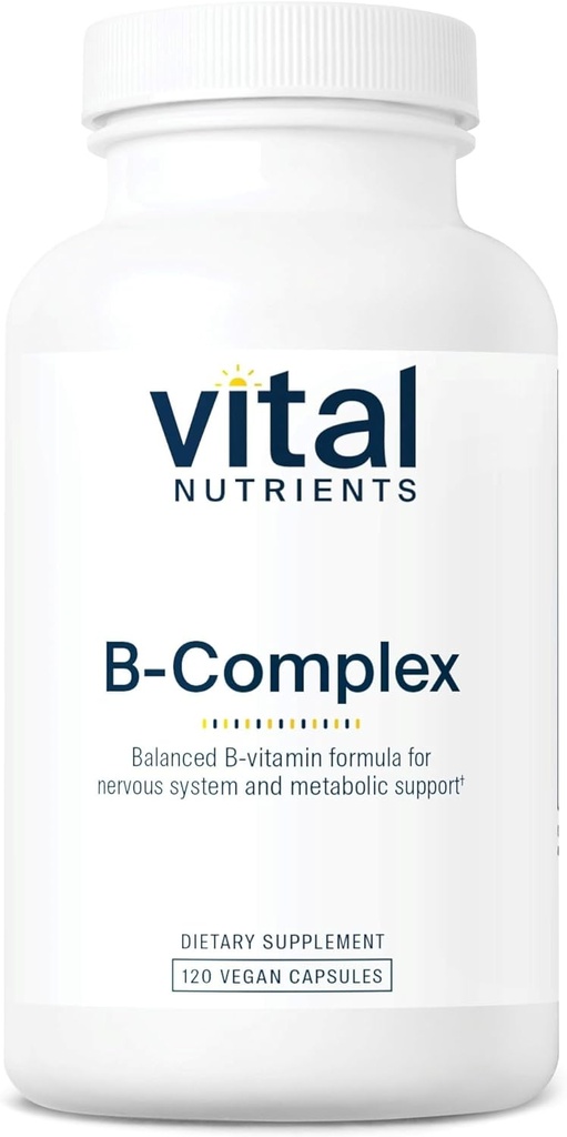 Vital Nutrients Vitamina B-Complex ← Vegan Complejo de alta potencia Vitaminas TENIDO B Vitaminas Apoyo Energía, Metabolismo y Salud del Corazón* ← Gluten, Dairy, Soy Free TEN 120 Capsules