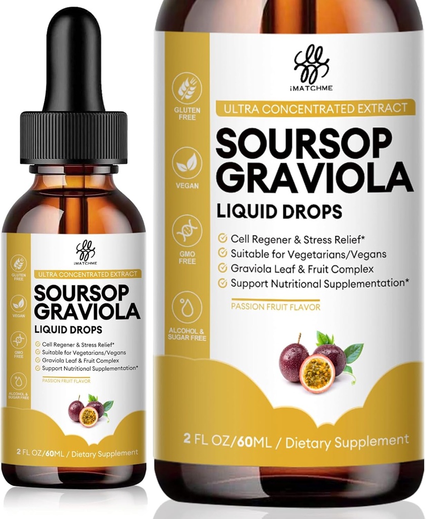 iMATCHME Premium Soursop Graviola for Digestion, Support Healthy Skin &amp; Sleep, Soursop Extract Liquid Drop from Graviola Leaf and Fruit, Sugar/Caffeine/Gluten Free, Passion Fruit Flavor, 2 Fl Oz