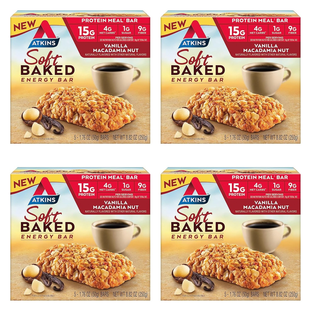 Atkins Vanilla Macadamia Nut Flavored Soft Baked Energy Bars, High in Protein, Low Sugar, High Fiber Snack, Protein Snack, 4 Packs (4 Bares Cada)