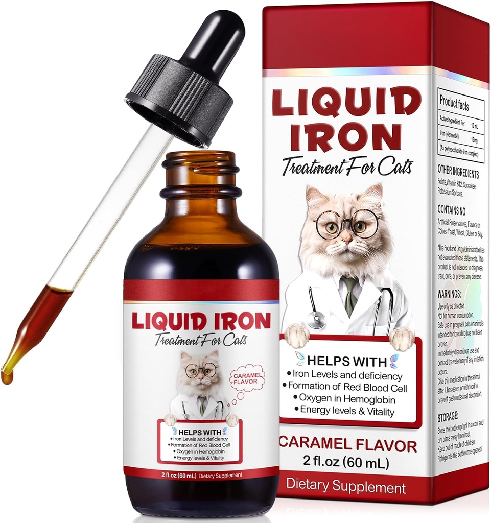 Suplementos de hierro para gatos, 60ML Hierro líquido con folato y B12 apoya la anemia, niveles de bajo nivel y letargo, promueve la formación de células rojas y la salud de sangre