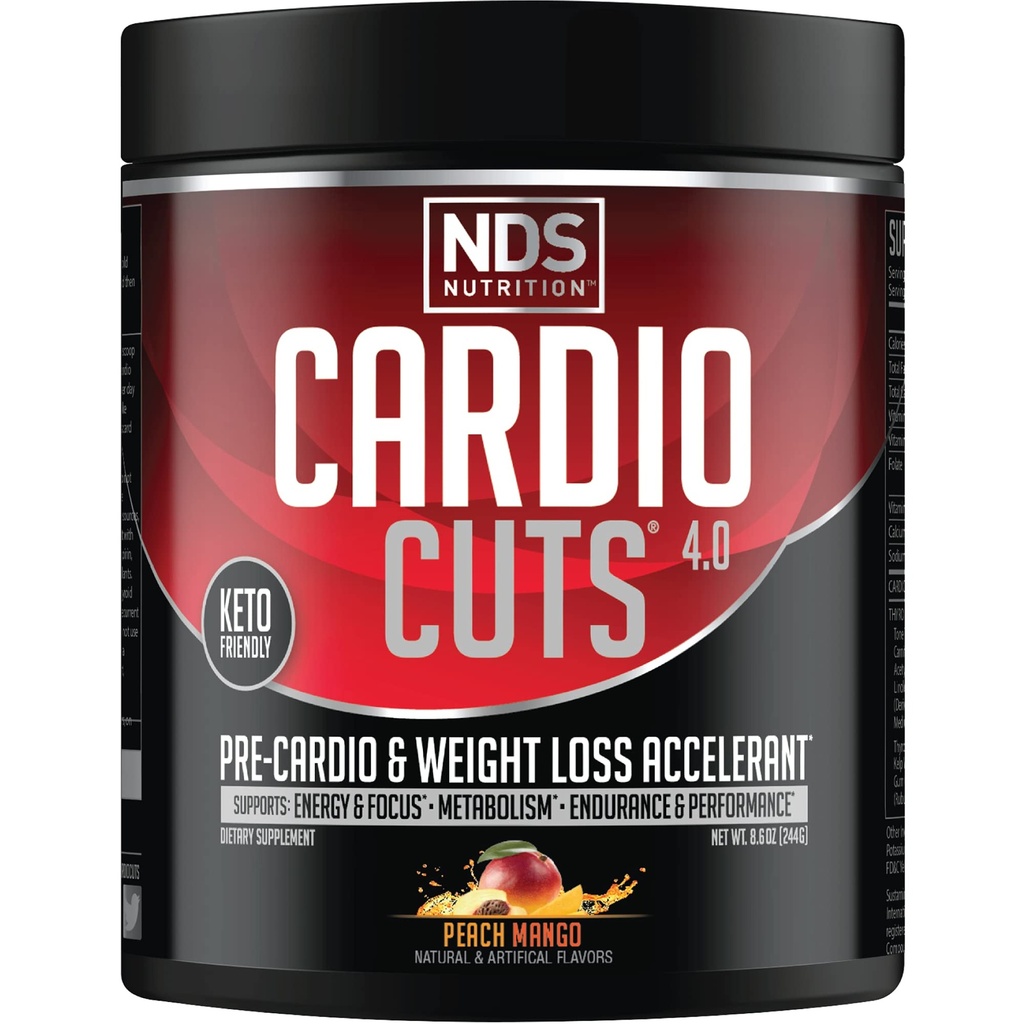 Cardio Cuts NDS Nutrition 4.0 Pre Workout Supplement - Advanced Weight Loss and Pre Cardio Formula with L-Carnitine, CLA, MCTs, L-Glutamine, and Safflower Oil - Peach Mango (40 Servings)
