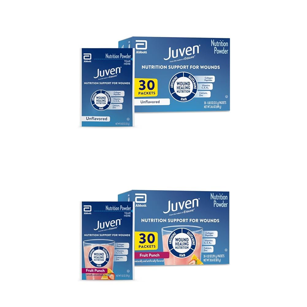 Juven Therapeutic Nutrition Drink Mix Powder for Wound Healing, Incluye Collagen Protein, Unflavored 30 Cuenta y Fruit Punch 30 Cuenta
