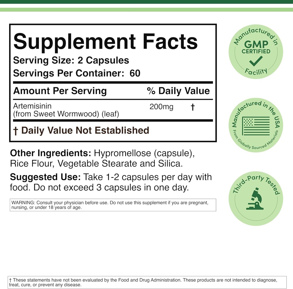 Artemisininin (Sweet Wormwood Cleanse) (Artemisia Annua) 200mg Por Serving, 120 Capsules (Dos Mes de Suministro) Vegan Safe, Non-GMO, Gluten Free (Apoyo Inmune) by Double Wood