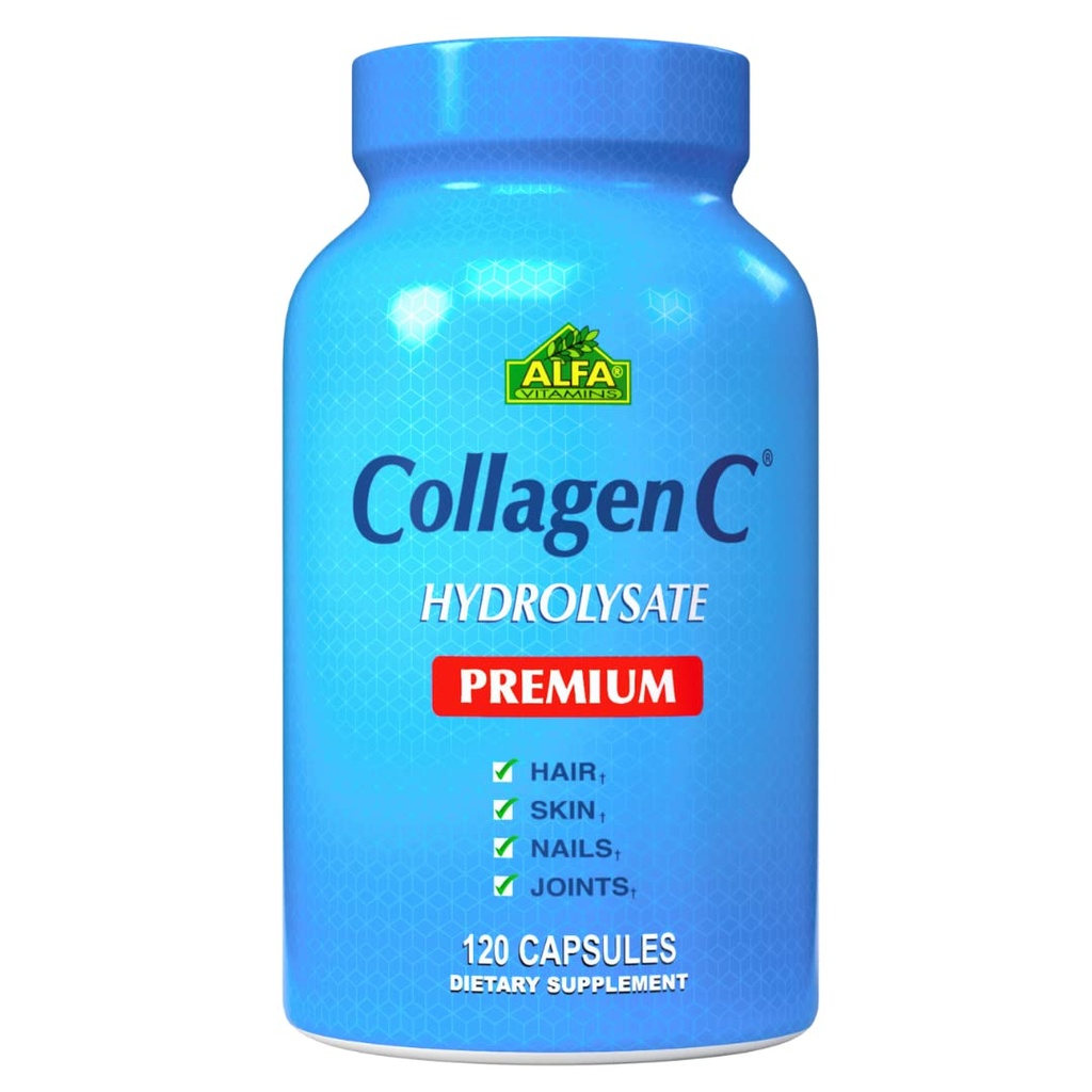 ALFA VITAMINS CollagenC Hidrolysate Premium Suplemento dietético con vitamina C, Soporta la piel, el cabello, las uñas &amp; Bone Health, mejora la producción de colágeno, péptidos colágeno para el rejuvenecimiento, 120 cápsulas