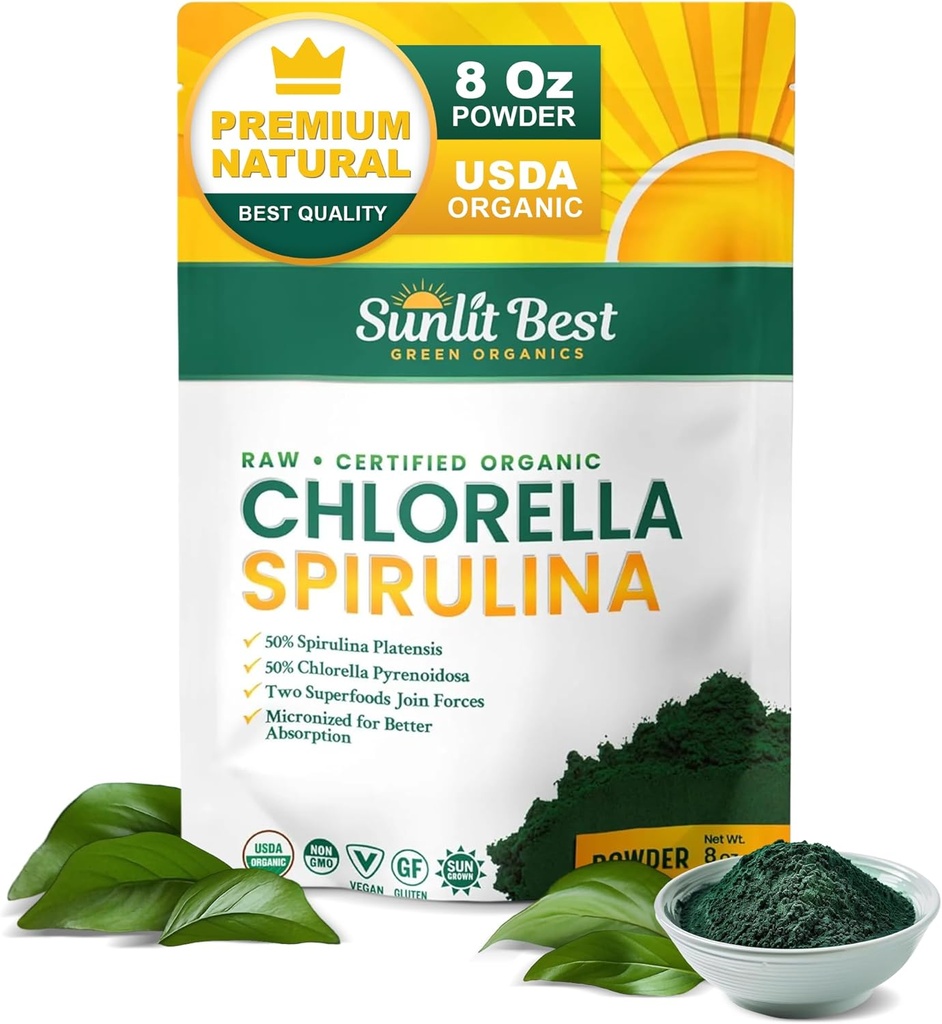 Sunlit Best USDA Organic Chlorella Spirulina Powder - 100% Raw " Vegan Source of Protein " Chlorophyll TEN Non GMO " Gluten Free Superfood Energy Drink ← Gut Health " Immune Support Supplement, 8 oz