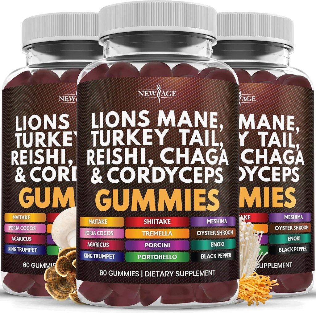 NUEVA AGE Mushroom Lion's Mane Supplement Gummies - Suplemento completo de hongos con Reishi, Cordyceps - 180 Conde