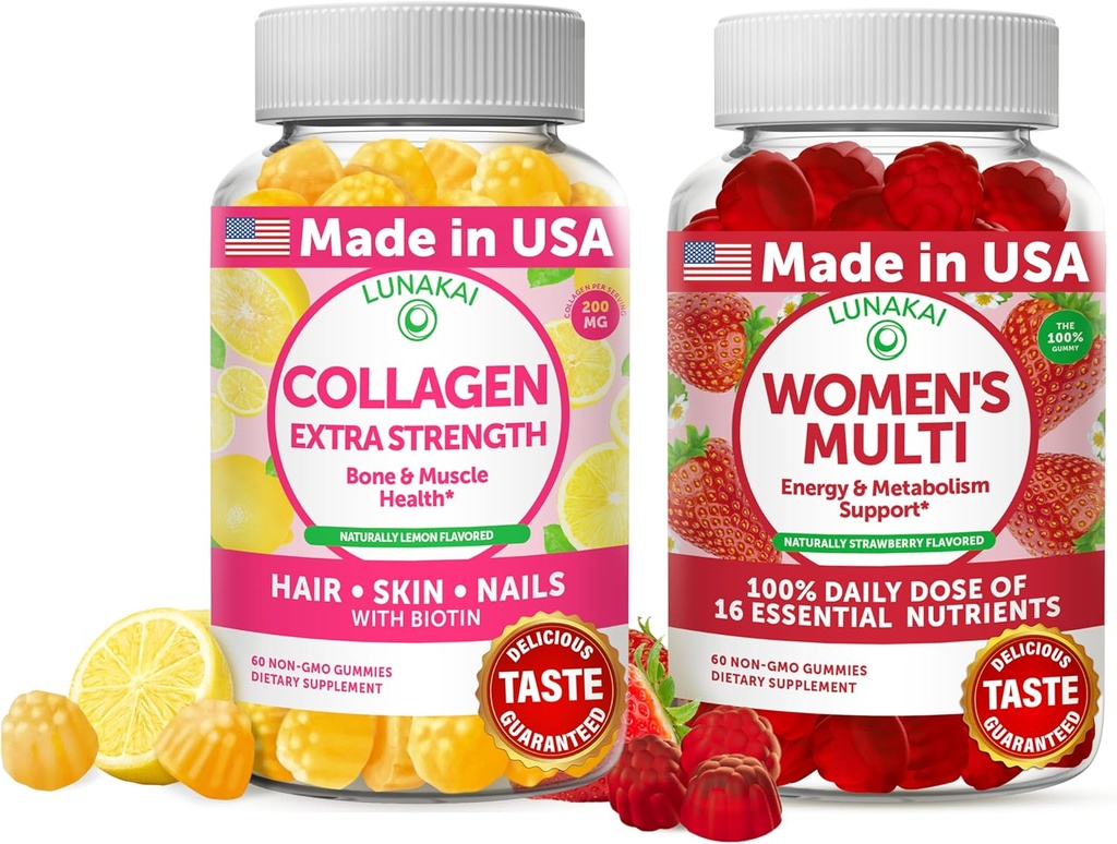 Colágeno Lunakai y Gummies Multivitamínicos de Mujeres Bundle - Suplementos antiañero no transgénicos con biotina, zinc, vitamina C y E - 100% Valor diario de 16 vitaminas y minerales esenciales - 30 días de suministro