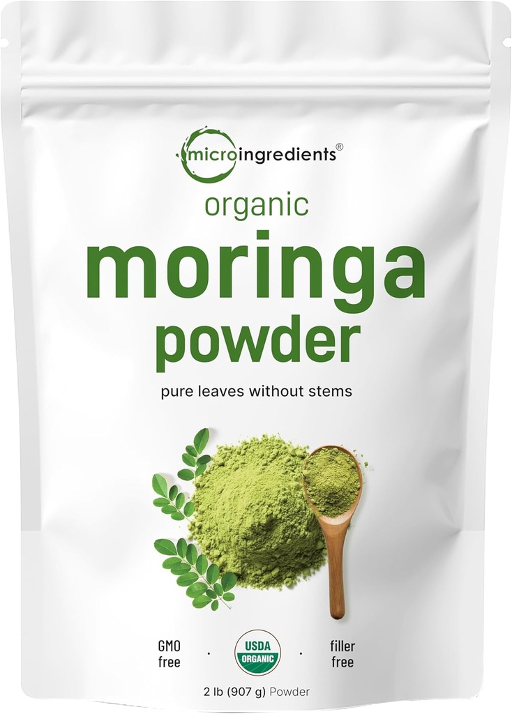 Orgánica Moringa Oleifera Leaf Powder, 2 Libras, Ricas en Antioxidantes e Immune Vitamina, Grandes Superalimentos para Moringa Té, Moringa Drink, India Grown, Vegan