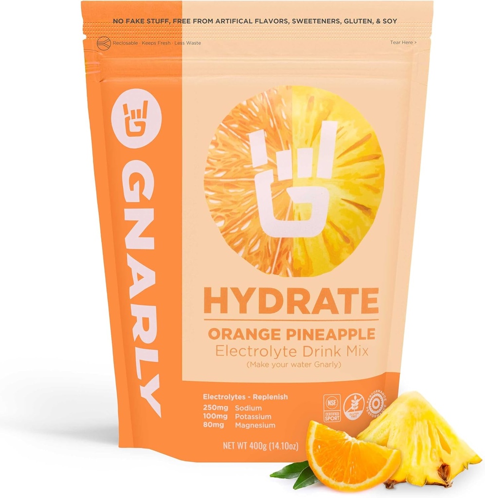 Gnarly Nutrición Hydrate Electrolyte Powder – Orange Pineapple Ejercicio Hydration Drink Mix – NSF Sport Certified – Electrolyte Solution, Performance " Recovery – Orange Pineapple, 14.10 oz