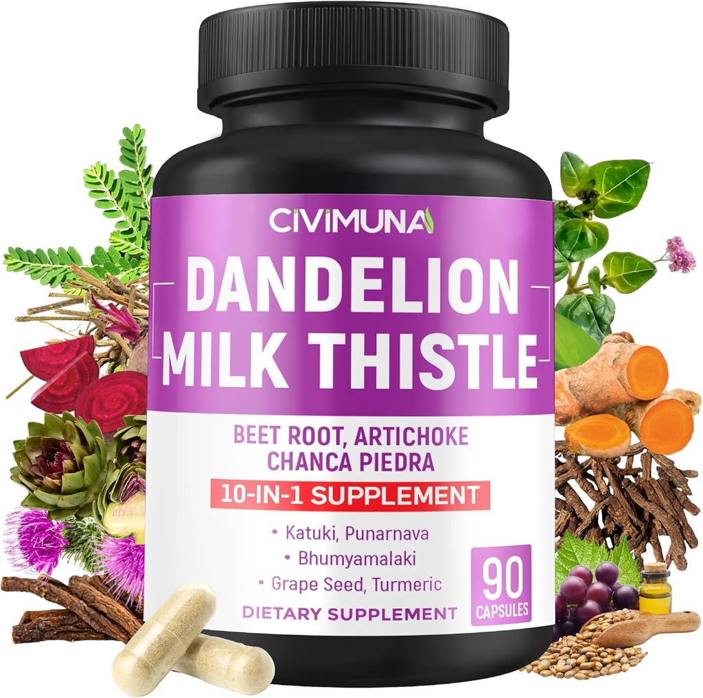 Dandelion Root Capsules con Dandelion Root, Milk Thistle, Beet Powder y Más - 90 cápsulas para 3 meses de suministro