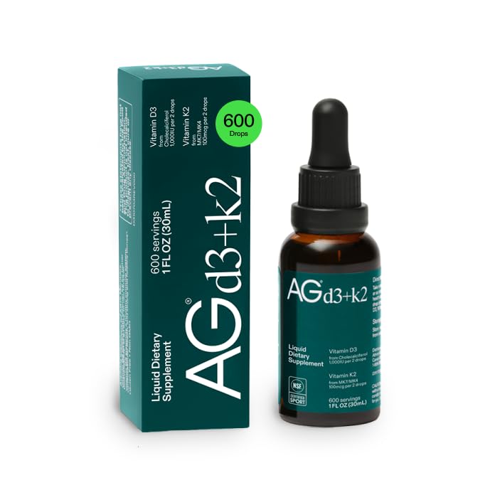 AG1 Vitamin D3 K2 Drops, 1000IU of Vitamin D3 and 100mcg of K2 per Serving, Supports Bone Density and Calcium Absorption (Athletic Greens)
