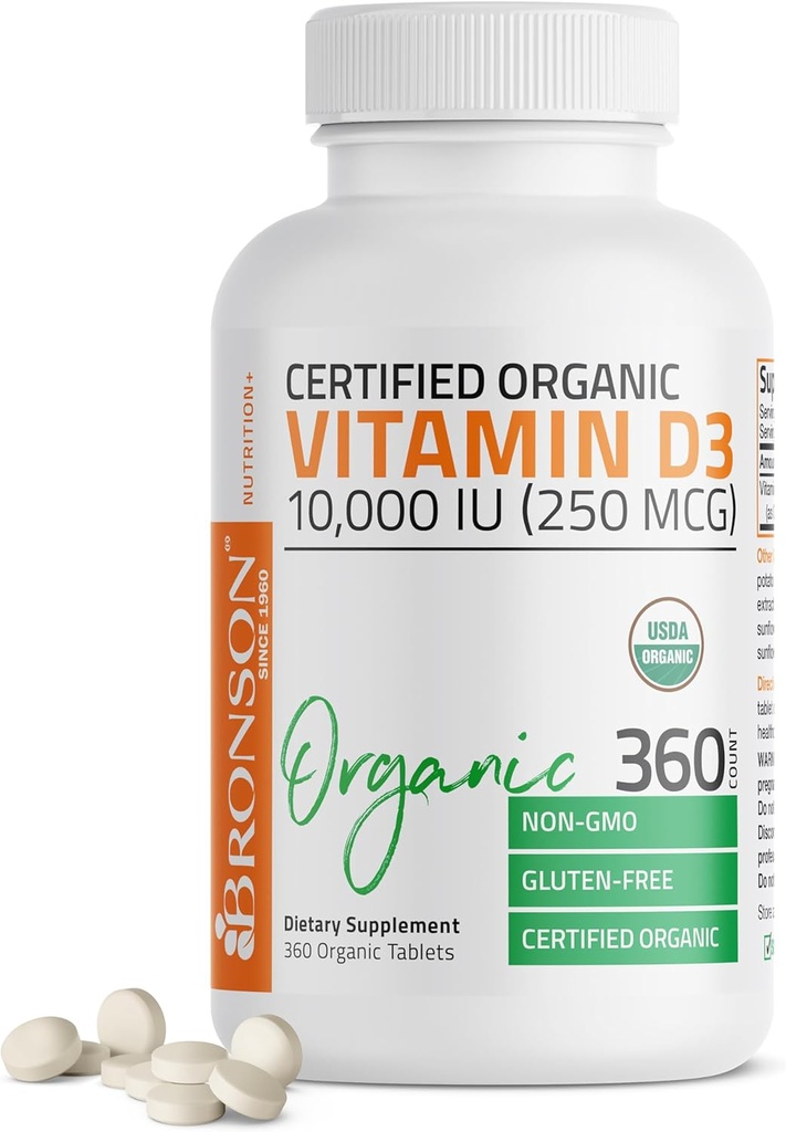 Bronson Vitamina D3 10,000 UI (250 mcg) Certified Organic High Potency Non-GMO Vitamina D Suplemento, 360 Tablets