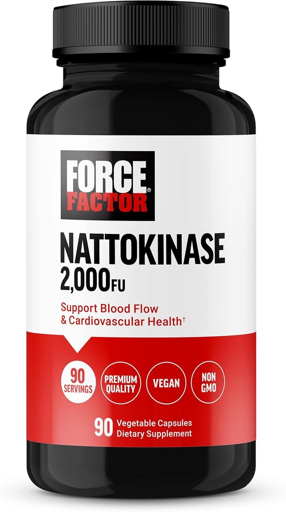 FORCE FACTOR Nattokinase 2000 FU, Suplemento de Nattokinase para la salud cardíaca y la presión arterial, píldoras de circulación sanguínea, no GMO, Vegan, No Gelatin, 90 cápsulas vegetales