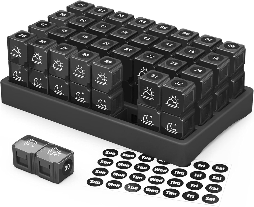 ZIKEE 30 días Pill Organizer Caja mensual, portátil de un mes con 32 veces al día AM Compartimientos para vitaminas, aceite de pescado, suplementos y medicamentos (negro)