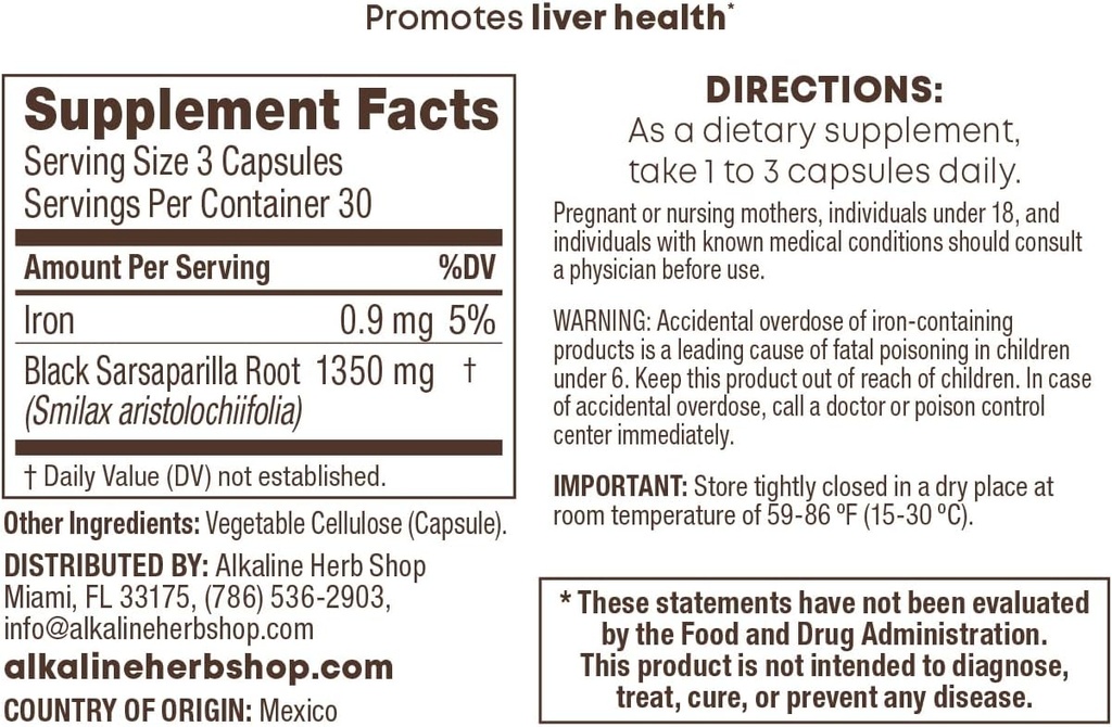 Alkaline Herb Store Black Sarsaparilla Suplemento 90 cápsulas