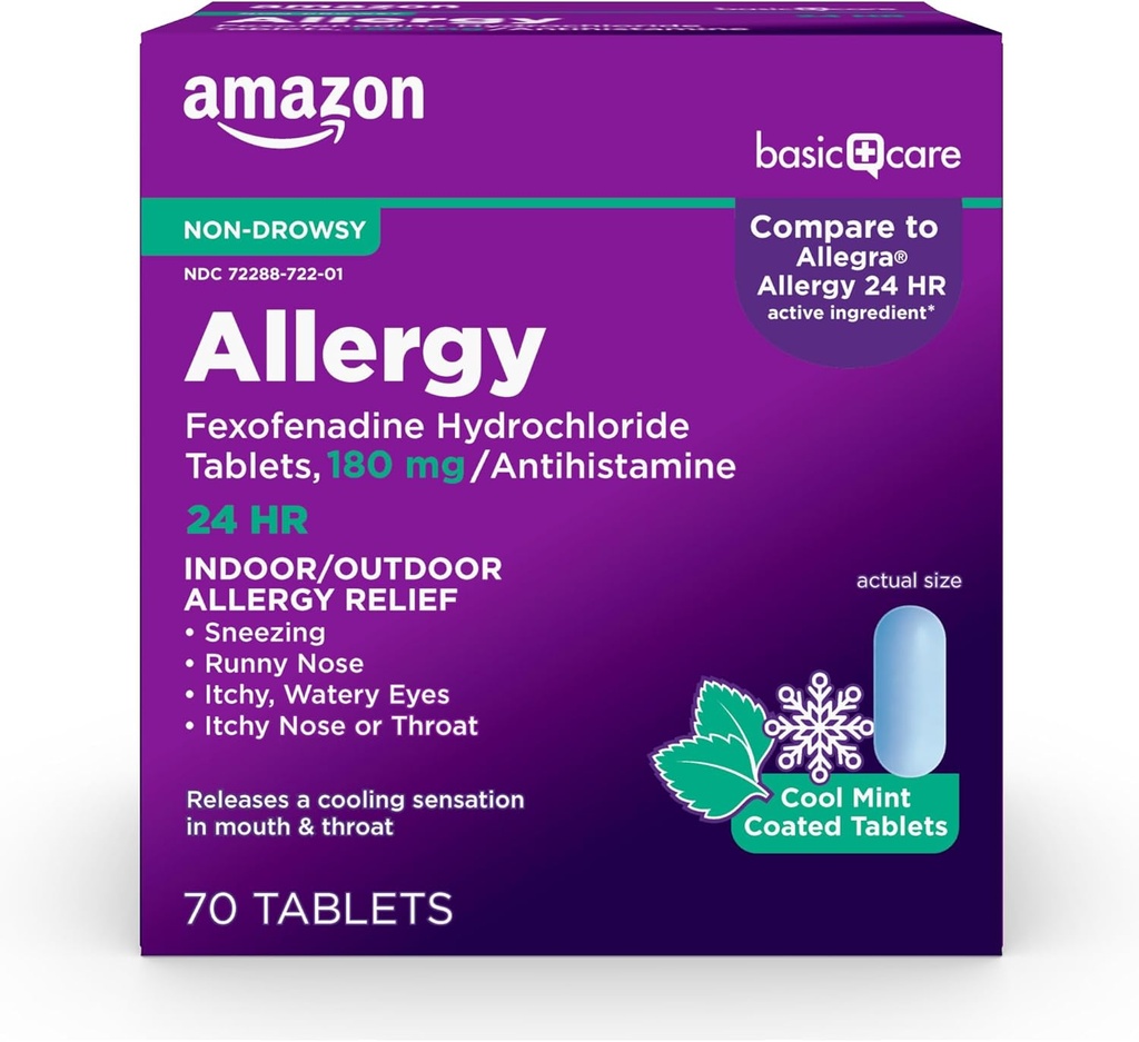 Alivio de la alergia a la atención básica, 24 horas, Hidrocloruro de Fexofenadina 180 mg, Antihistamínico no deseado, tabletas de frío de menta, 70 condes