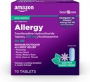 Alivio de la alergia a la atención básica, 24 horas, Hidrocloruro de Fexofenadina 180 mg, Antihistamínico no deseado, tabletas de frío de menta, 70 condes