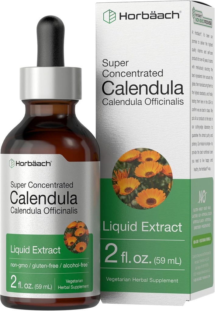 Horbäach Calendula Tincture TENIDO 2 fl oz ANTE Líquido Extract Drops TENIDO Alcohol Free TEN Vegetarian, Non-GMO, Gluten Free Herbal Supplement