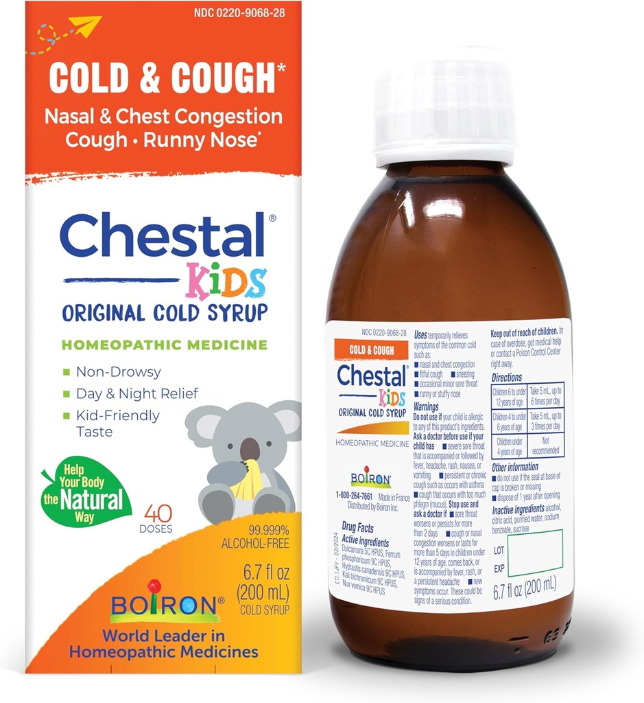 Boiron Chestal Niños fríos y jarabe de tos para la congestión de náuseas y tórax, nariz de rubí y sore Throat Alivio - 6.7 Fl oz