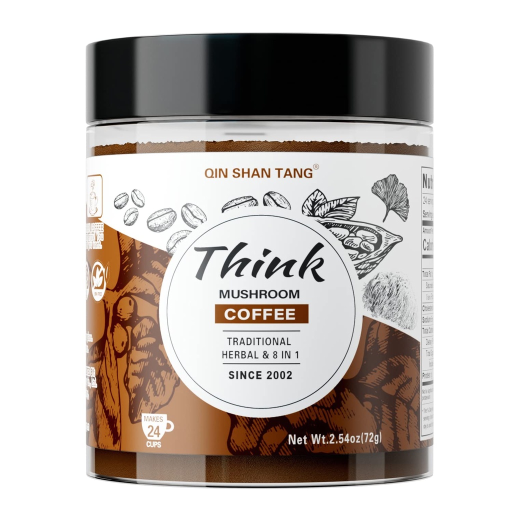 QIN SHAN TANG Café de novio para cerebro y foco, Fórmula tradicional, con Mane de León, Ginkgo, Alpha-GPC, Bacopa, PS, L-Theanine, 24 Servimientos