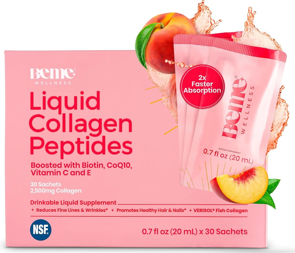 BeMe BeRadiant Líquido de colágeno para el cabello, piel & uñas con absorción más rápida 2X – clínicamente probado – 2500mg Verisol® Hidrolyzed Collagen Suplementos para Mujeres con Biotina, CoQ10 & Vitamina C