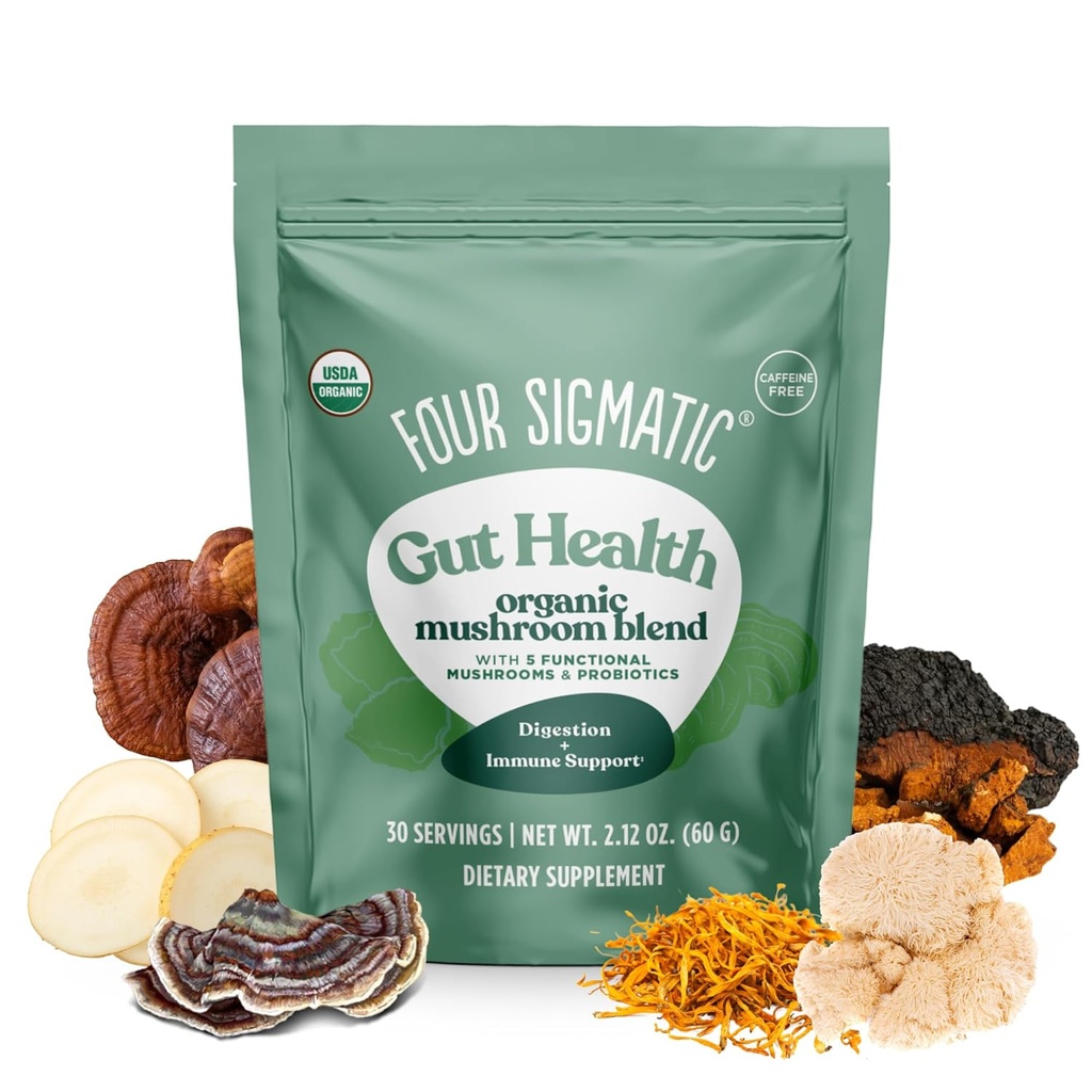 Cuatro Sigmatic Gut Health Mushroom Blend ¦ Orgánica Mushroom Powder Complex with Turkey Tail, Lion's Mane, Cordyceps, Chaga, Probiotics and More ← Natural Immune Support Supplement tención 30 Servings