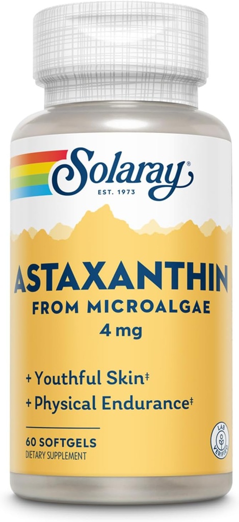 SOLARAY Astaxanthin 4 mg Silencio Antioxidante Silencioso Ojo Saludable, Esquía, Función Cardiovascular &amp; Soporte Conjunto Silencioso 60 Softgels
