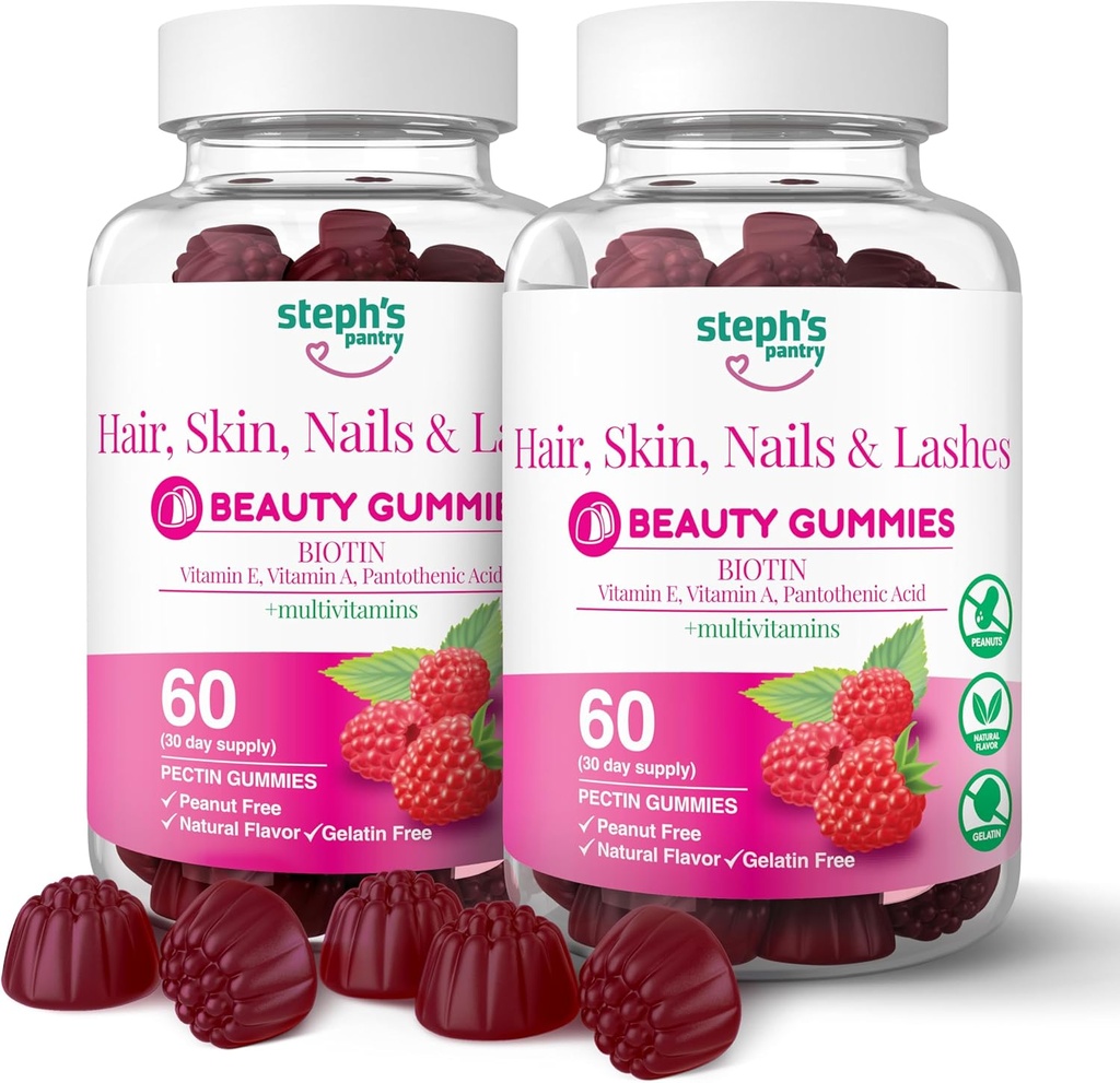Steph's Pantry Biotin Gummies for Hair, Skin, Nails, & Lashes High Strength Gummies ← Daily Multivitamins TEN Gluten-Free, Nut-Free, Non-GMO, Plant-Based, Vegan, Kosher (120 Gummies)
