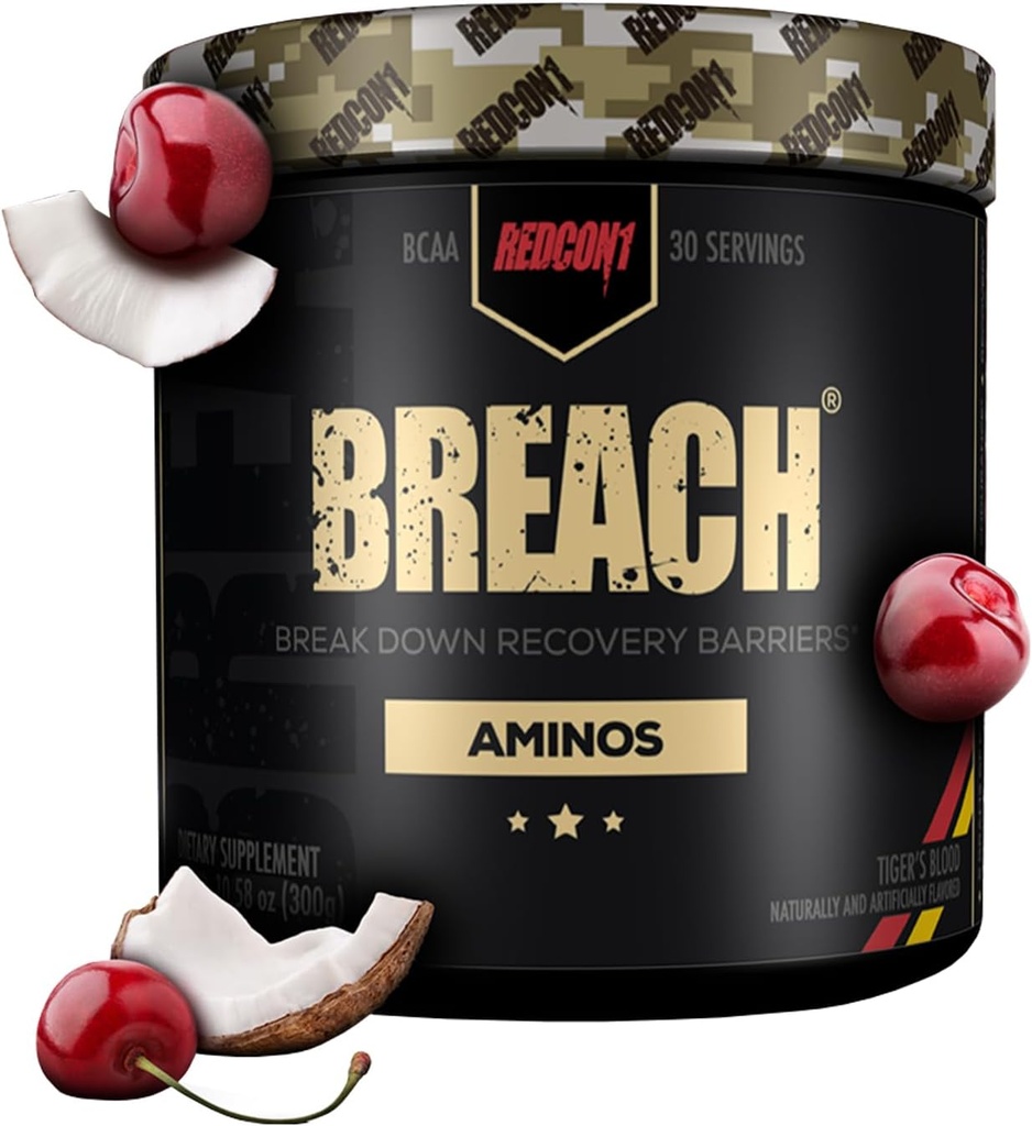 REDCON1 Breach BCAAs, Tiger's Blood - Keto Friendly + Sugar Free Essential Amino Acids for Recovery - Contiene BCAAs L-Leucine, L-Isoleucine & L-Valine (30 Servimientos)