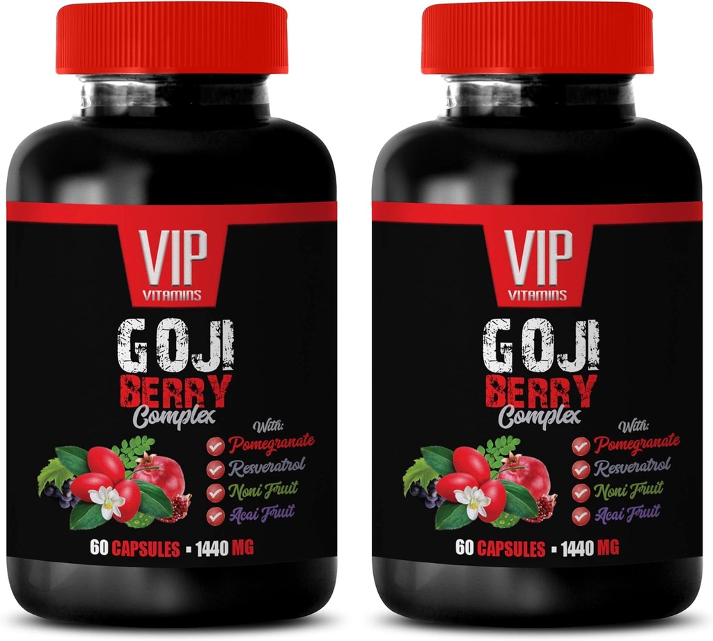 suplemento antioxidante - GOJI BERRY COMPLEX - CON POMEGRANATE, RESVERATROL, NONI, ACAI - Vitamina granada e para la piel - suplementos nutricionales antioxidantes - vitaminas antioxidantes - 2 Bot 120 Caps