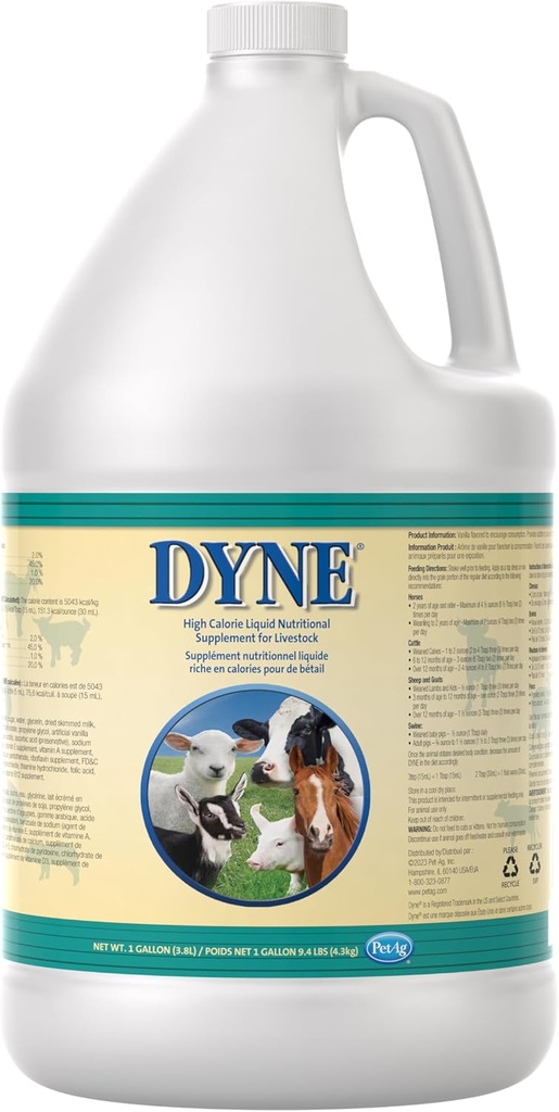 PetAg Dyne High Calorie Liquid Nutritional Supplement for Livestock - 1 Gallon - Incluye vitaminas agregadas - Excelente para animales de bajo peso, estrés o recuperación
