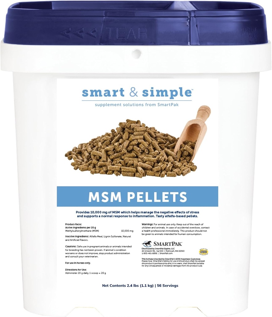 Smart &amp; Simple MSM Pellets ← Ayuda a manejar efectos de estrés ← Ayudas de suplemento de caballo en celular y tejidos Fortalecimiento Silencioso 56 Serviciones ← 2.4 lb Bucket