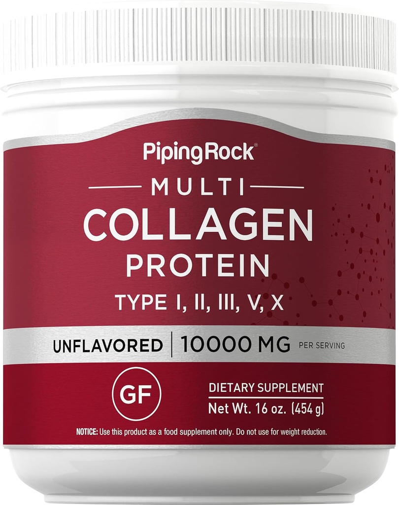 Piping Rock Multi Collagen Protein Powder ← 16 oz Desflavored Silencio Tipo I II III V X TENIDO 10000mg Peptides Suplemento Complejo para Hombres y Mujeres