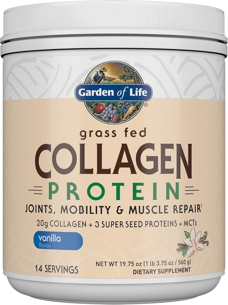 Jardín de la hierba de la vida Colagen Protein Powder - Vainilla, 14 Servings, Polvo para juntas Movilidad Reparación muscular, Peptides Collagen + Super Semillas + MCT de coco, Suplemento Keto