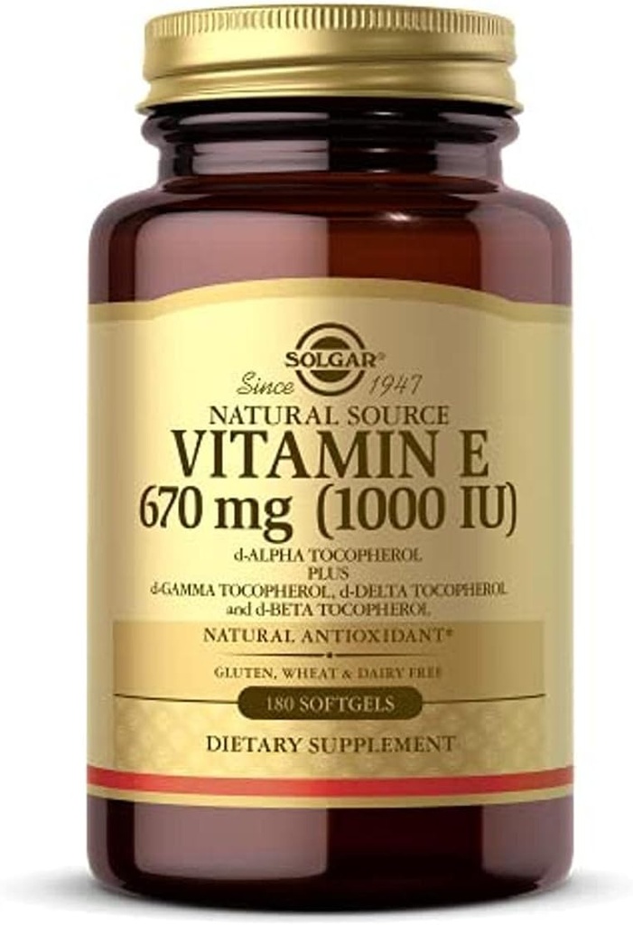 Solgar Vitamina E 670 mg (1000 UI), 180 Softgels - Antioxidante natural, Skin &amp; Immune System Support - Vitamina E naturalmente nutrida, libre de lácteos - 180 Servimientos