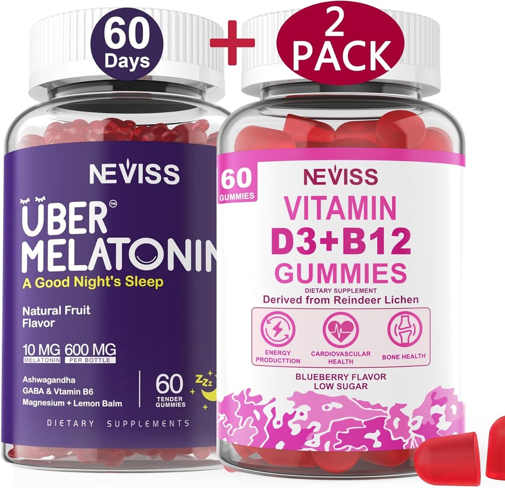 NEVISS Melatonina + Vitamina D3 &amp; B12 Gummies, Vegan, 2+2=4 Pack