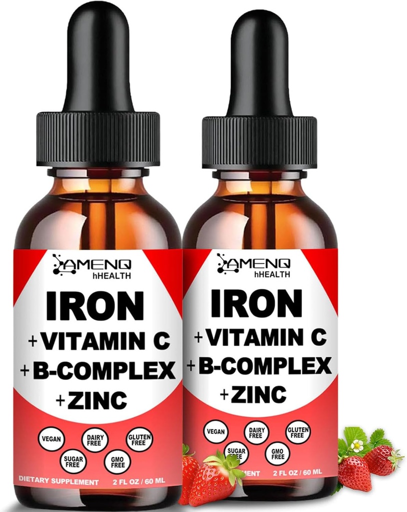 2 Pack Liquid Iron Supplement w/ Vitamina C, A, B-Complex, Vegan Iron Drops High Potency Liquid Vitamin & Iron Supplements for Women, Men &amp; Children -Support Red Blood Cell, Energy, Anemia &amp; Fatigue