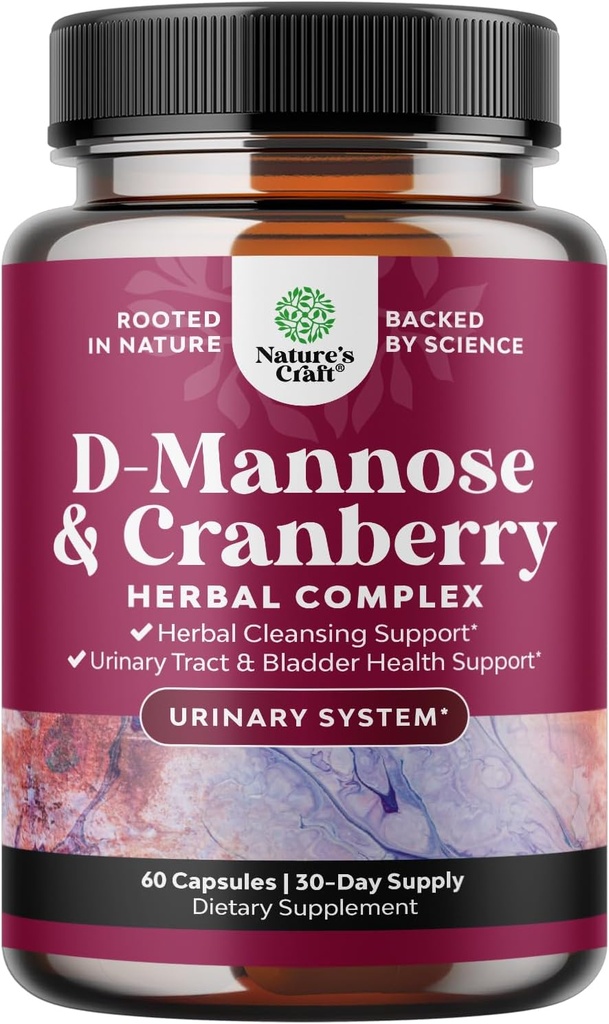 D Mannose with Cranberry Supplement - Potent D Mannose 1000mg Capsules for Kidney Defense Support &amp; Cleanse and Urinary Tract Health for Women &amp; Men - Bladder Health Supplement for Adults - 60 Count