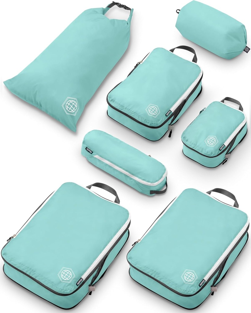 Gran Compresión Embalaje Cubos para Travel-Packing Organizador de equipaje 7 piezas para equipaje facturado, bolsas ampliables/de compresión por TRIPPED Travel Gear (DustyTeal/White)