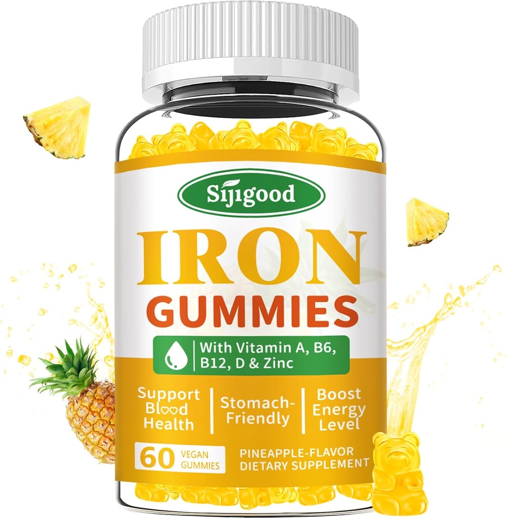 Gummies de hierro para hombres y mujeres - Suplemento de hierro vegano para la anemia " Deficiencia de hierro, con vitamina B12, vitamina C, zinc, folato - energía libre de azúcar, sabor de piña, 60 conteo