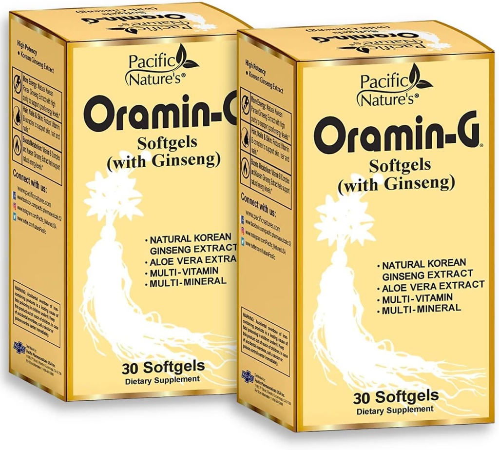 Oramin G de la Naturaleza del Pacífico (30 Softgels) con Ginseng coreano, Aloe Vera, Complejo de vitamina B y Zinc for Energy, Immunity, " Nutritional Support - Pack of 2