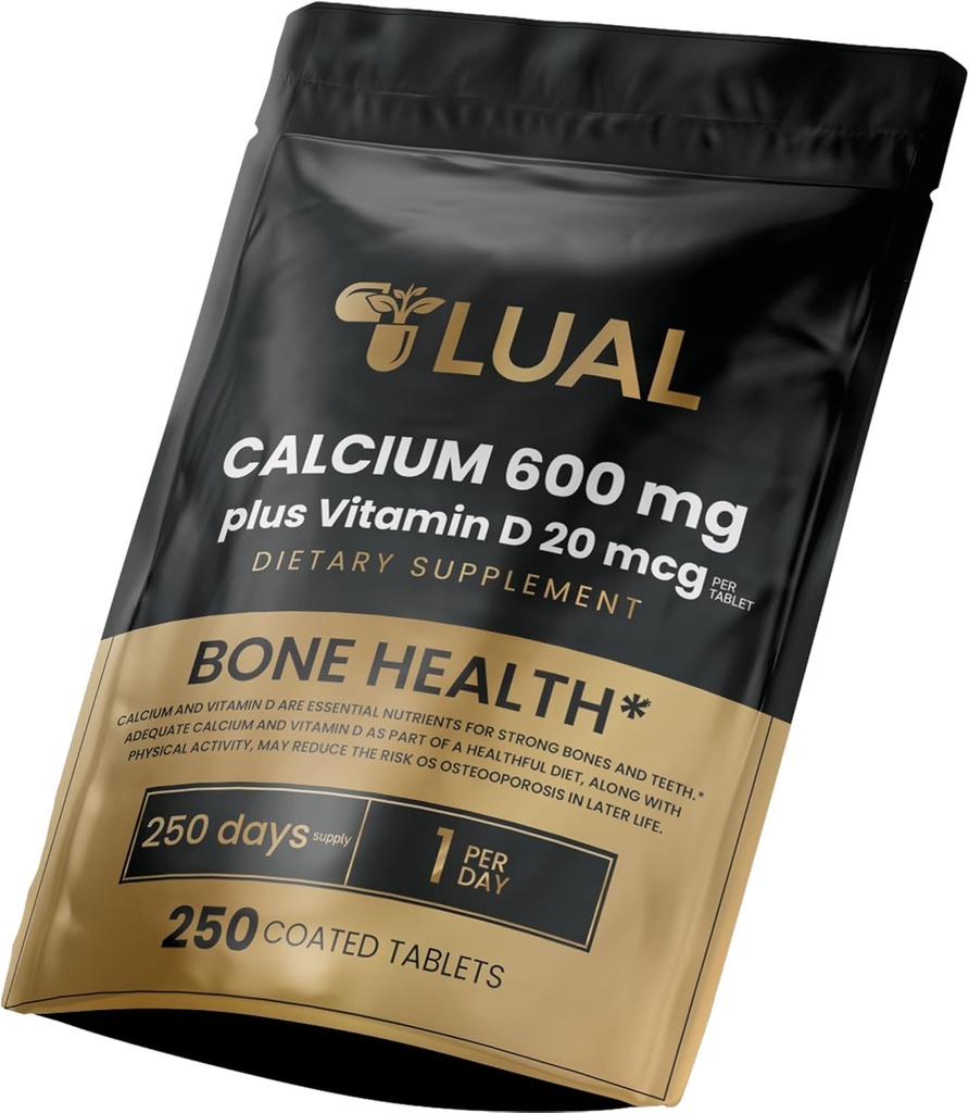 Calcio 600mg con vitamina D3 20mcg, 250 tablas calentadas - Soporte de salud ósea
