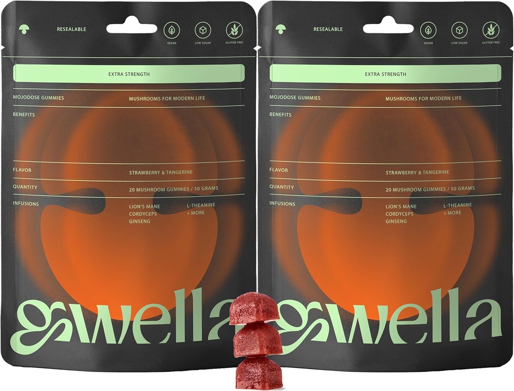 Gwella Focus Gummies with Lion’s Mane, Panax Ginseng, Ginger Root, Cordyceps, SAM-e, and Nootropics, Energy and Focus Supplement, Vegan, Strawberry Tangerine (20 Conde - Pack of 2)