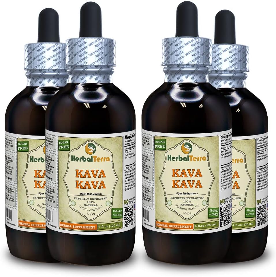Kava Kava (Piper Methysticum) Tincture, Dried Root Liquid Extract (Marca: HerbalTerra, Proudly Made in USA) 4x4 fl.oz (4x120 ml)