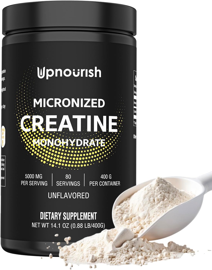 UpNourish Micronized Creatine Monohydrate Powder 400 G - Unflavored Vegan for Pre Workout, Muscle Building Pure Women and Men Instantized Suplemento, 80 Servings 14.1096 Ounce